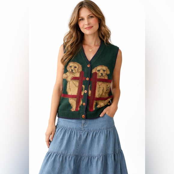 Orvis Sweaters - Vintage Hand-Embroidered Dog Sweater Vest Button Front Knit Cottagecore Grandpa